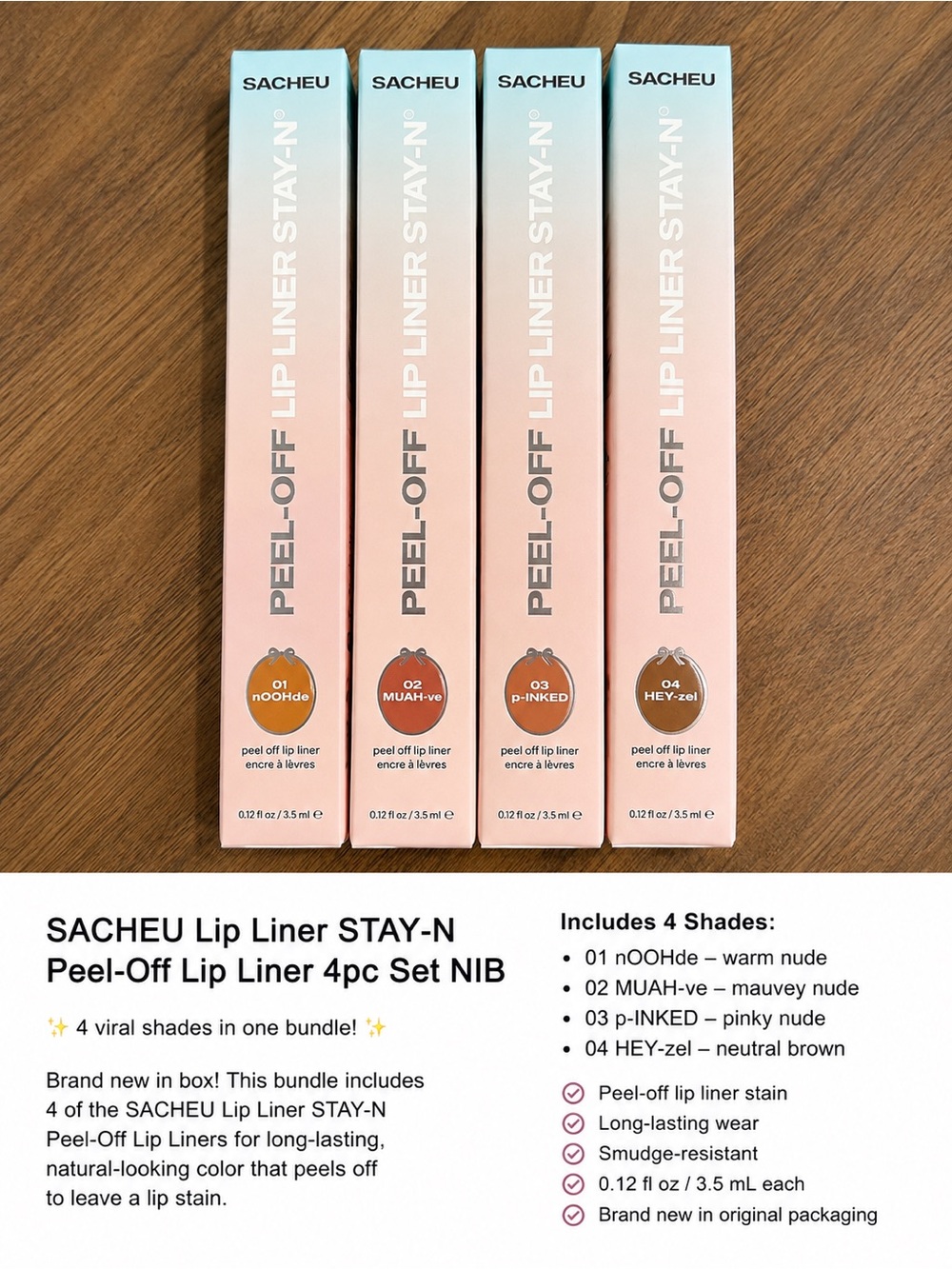 SACHEU Lip Liner STAY-N Peel-Off Lip Liner 4pc Set NIB